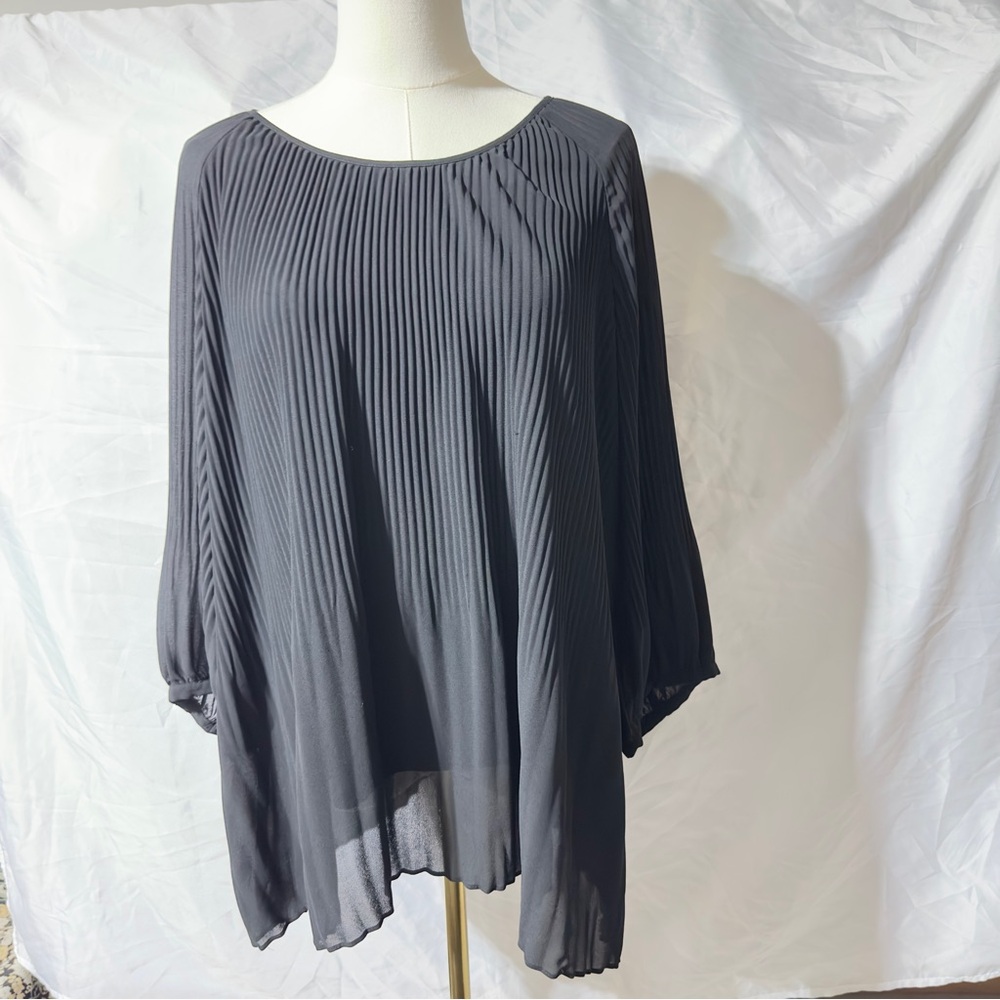 New Directions Women’s Adult Casual Black Pleated Crew Neck Chiffon Blouse – XL